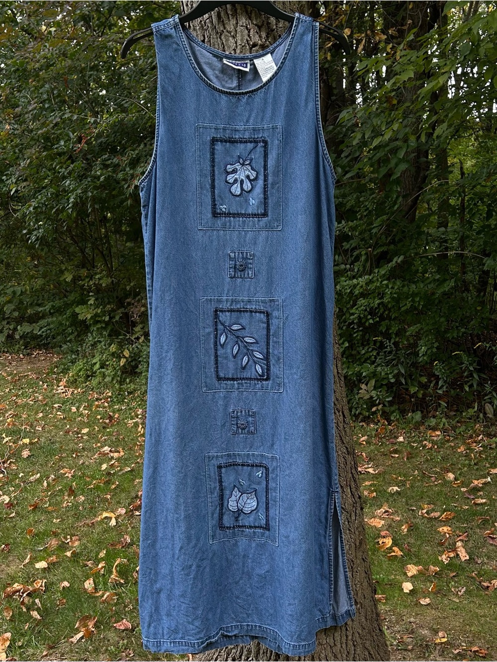 Vintage 90s Erika & Co Embroidered Leaf Patchwork Denim Maxi Jumper Dress